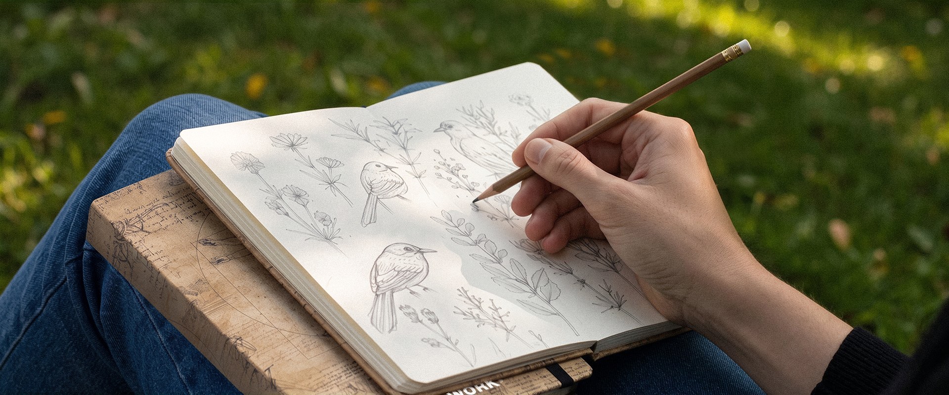 Una persona disegna uccelli e fiori a matita su un taccuino aperto all'aperto